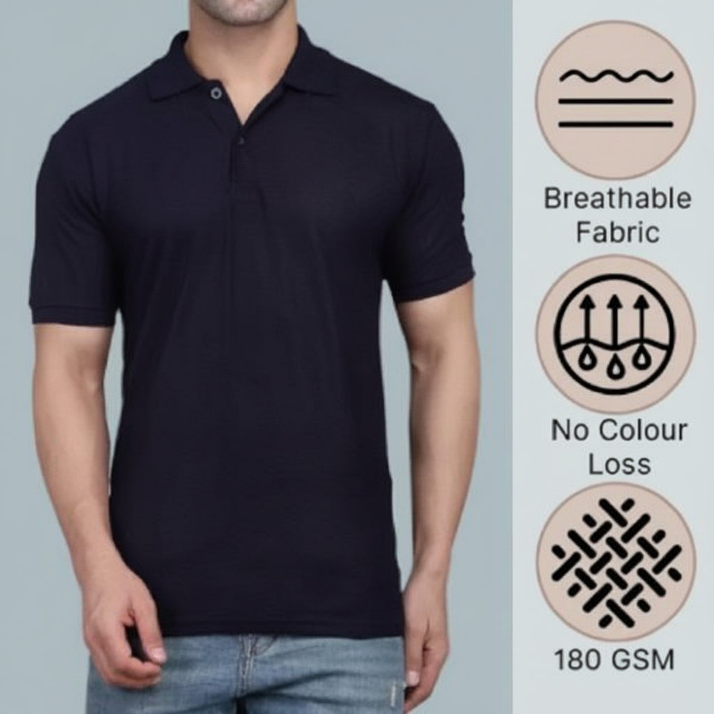 Man wearing a black polo shirt with fabric feature icons on the right